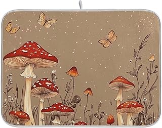 Red Mushrooms Puffball Brown Drying Dish Mat Absorbent Quickly Dry Dish Mats for Counter Coffee Maker Mats Sink Splash Guard Large 18 x 24 Inch
