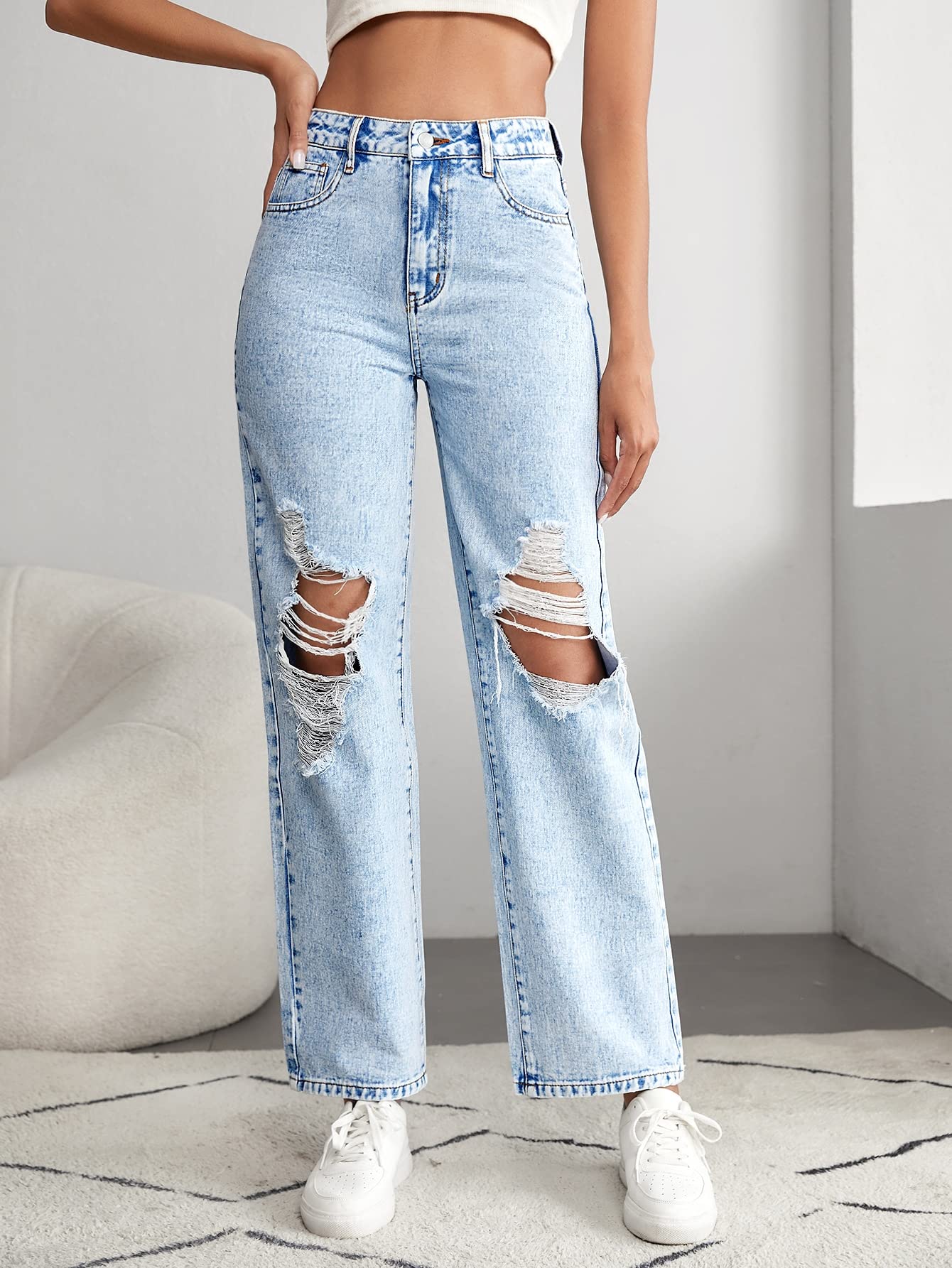 Amazon.com: Jeans for Women High Waist Ripped Cut Out Straight Leg Jeans  Jeans for Women (Color : Light Wash, Size : Tall S) : Clothing, Shoes \u0026  Jewelry