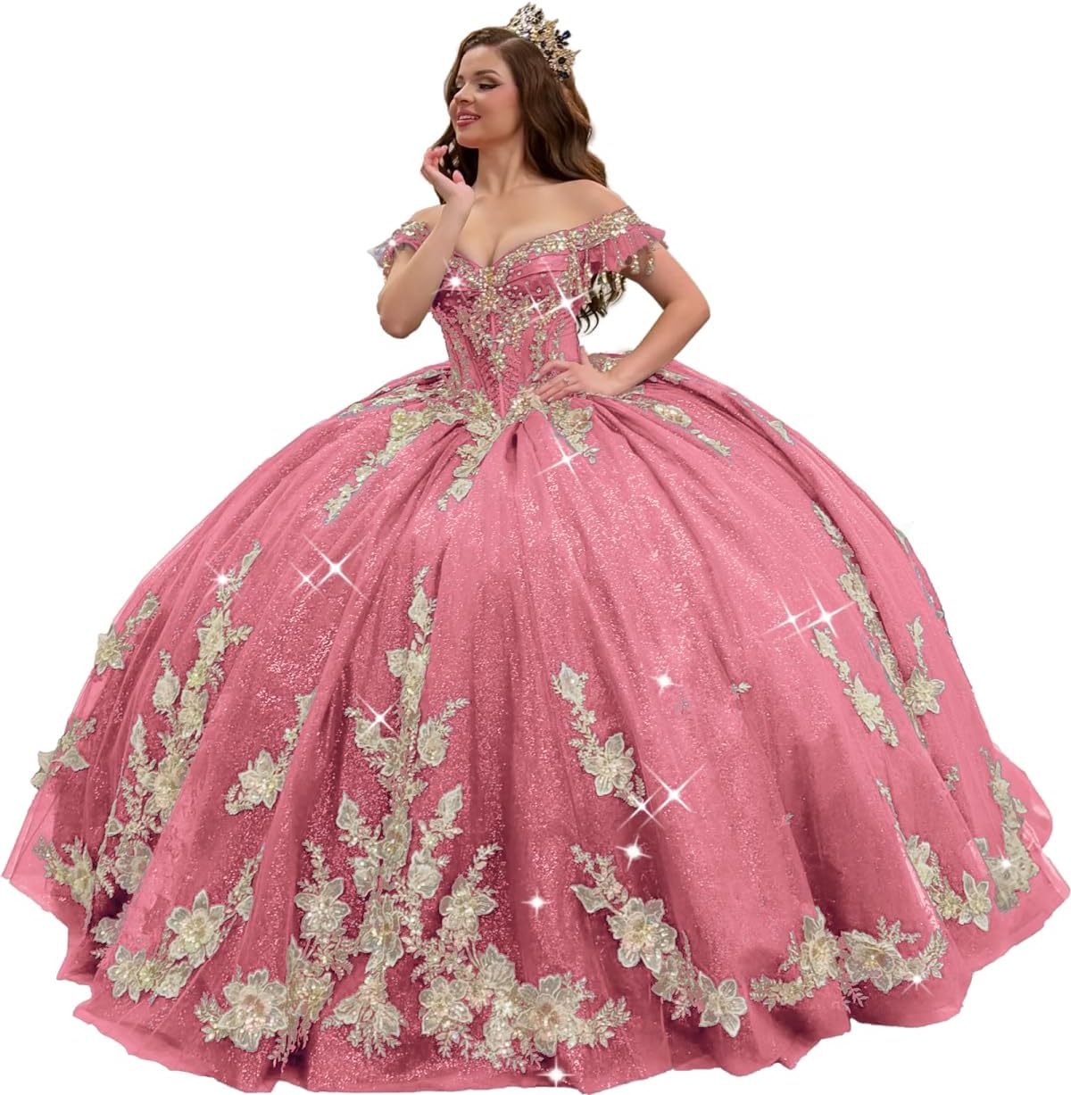 Gold Flowers Quinceanera Dresses with Train Puffy Appliques Ball Gown Princess 15 16 Dresses PM007