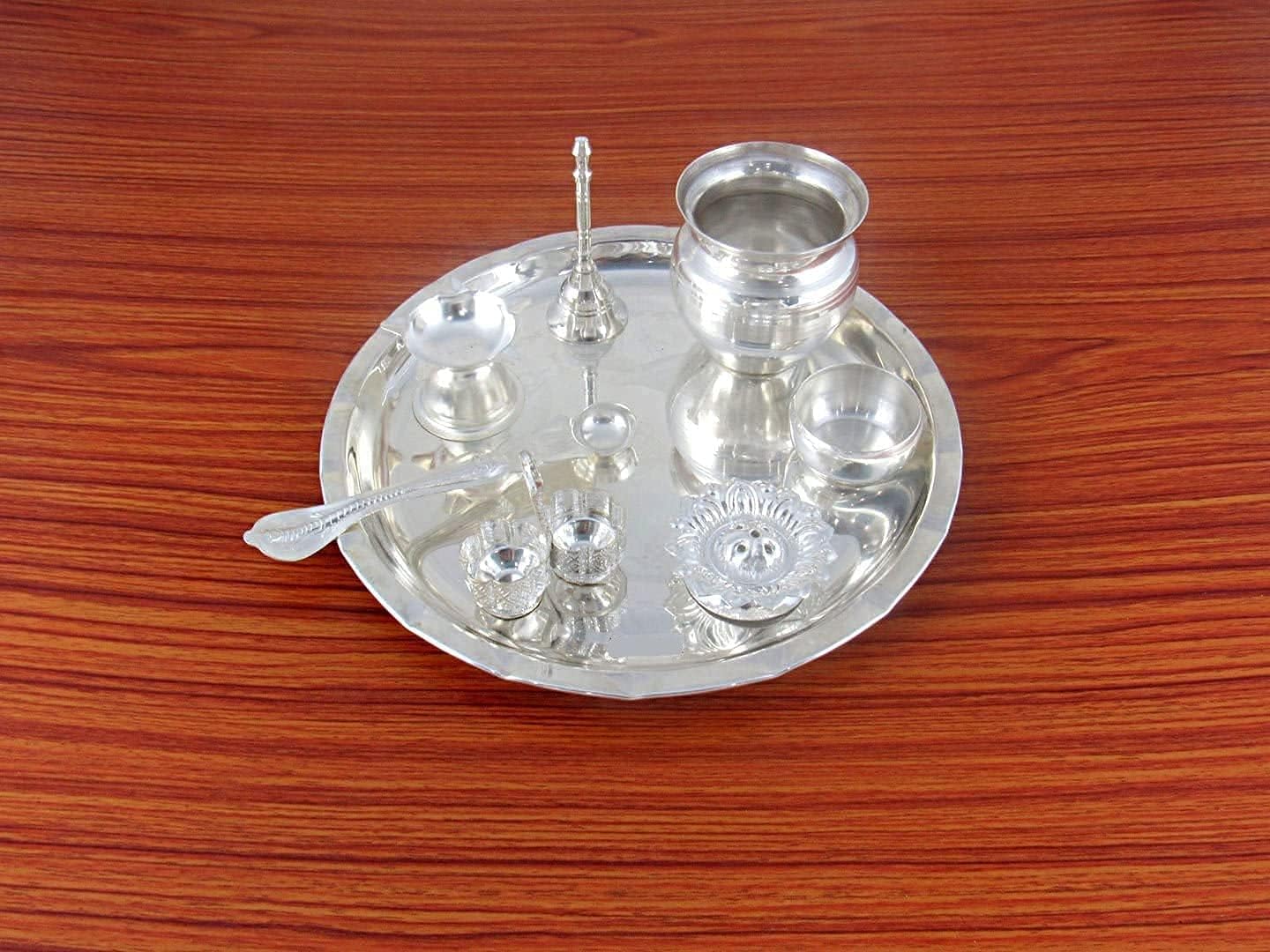 NOBILITY Pooja Thali Set 8 Inch Silver Plated with Accessories for Festival Ethnic Puja Thali for Diwali Home Temple Office Wedding Return Gift Items
