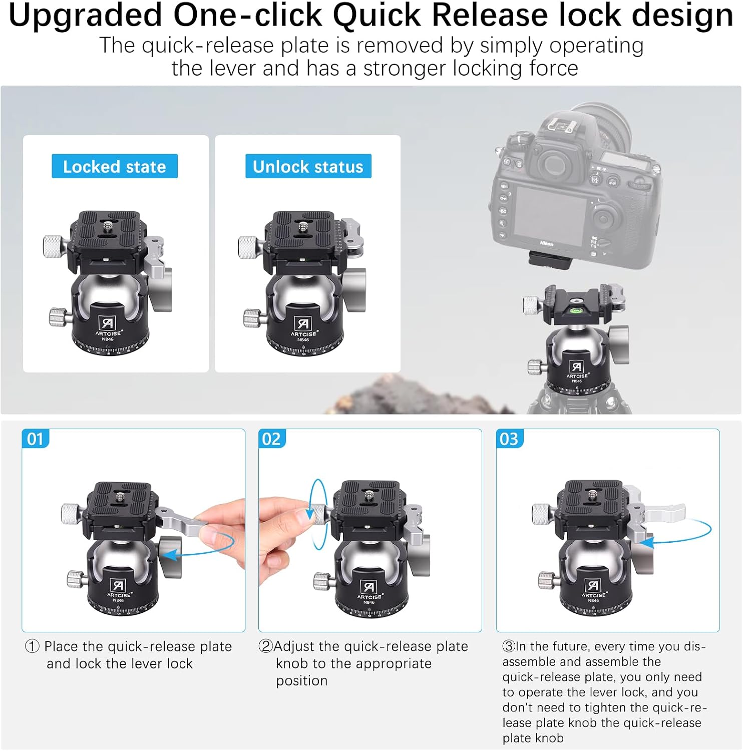 ARTCISE 46mm Low Profile Tripod Ball Head with Lever Release, Heavy Duty CNC Aluminum Alloy Ball Head with Arca Swiss Quick Release Plate, Max Load 55lbs for DSLR Camera Camcorder Telescope Monopod