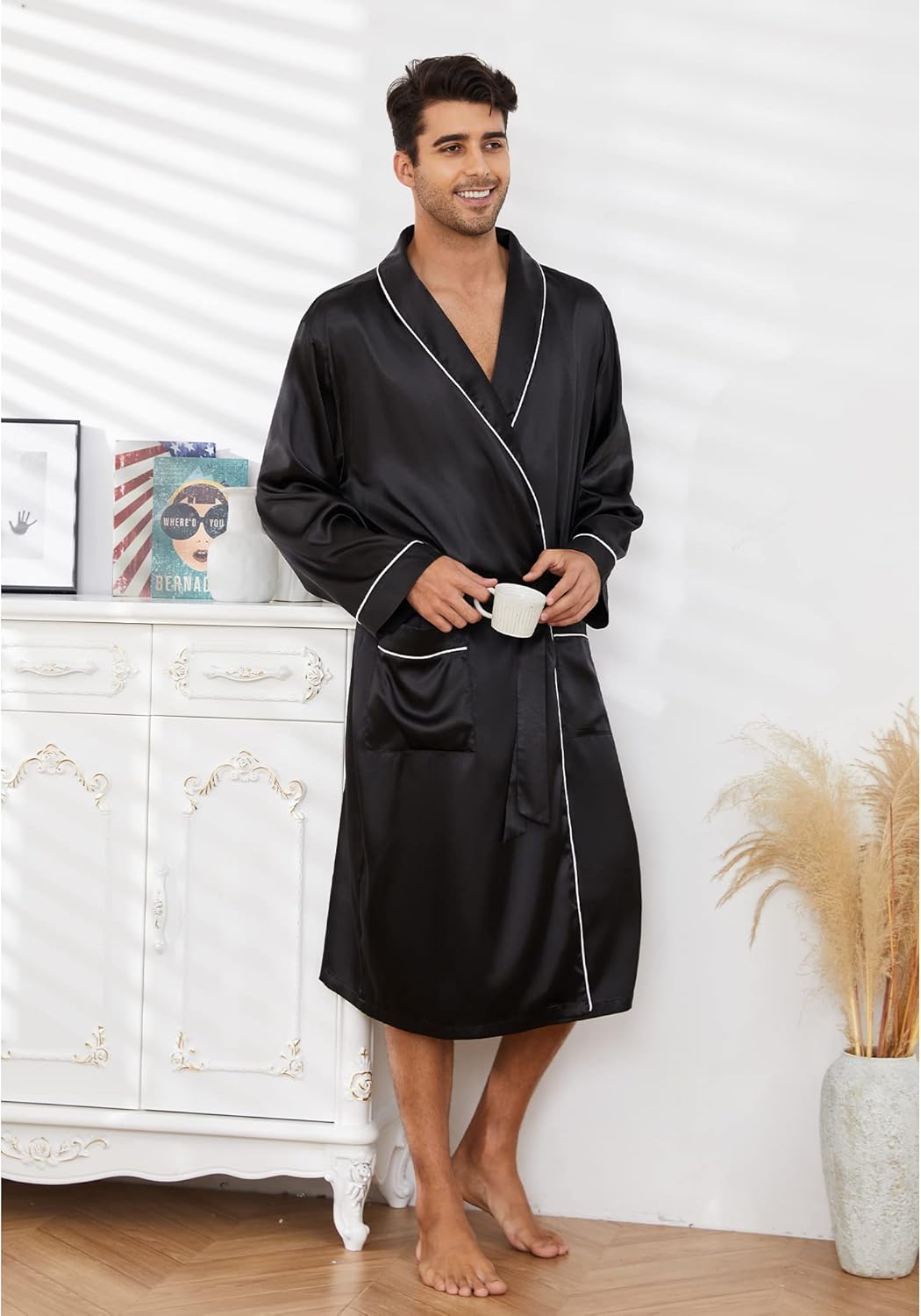 Vulcanodon Men’s Satin Robe Lightweight,Men's Luxurious Silk Kimono Bathrobe - Image 2
