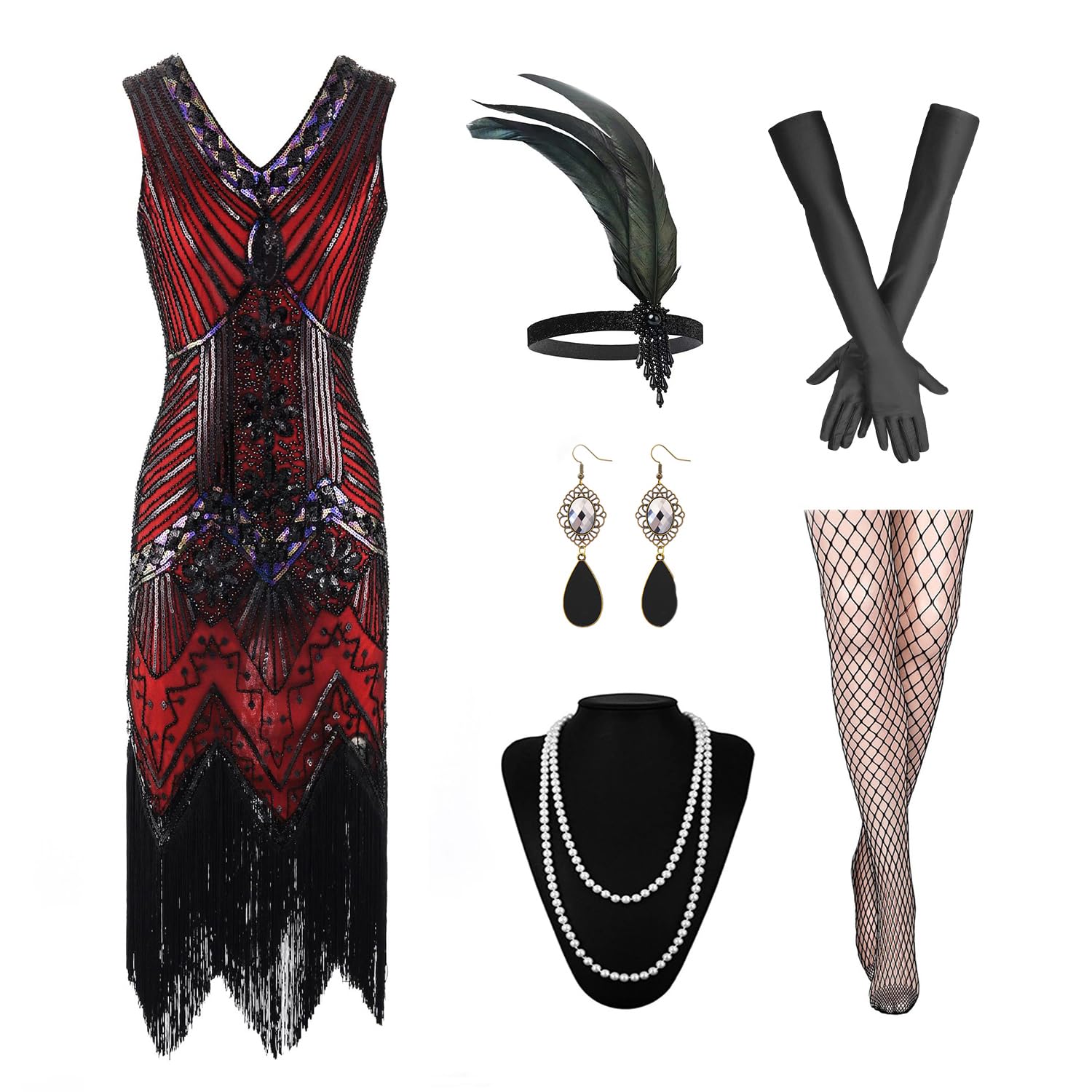 GOHOY Women's 1920S Sequin Fringed Flapper Dress with Roaring 20s Accessories
