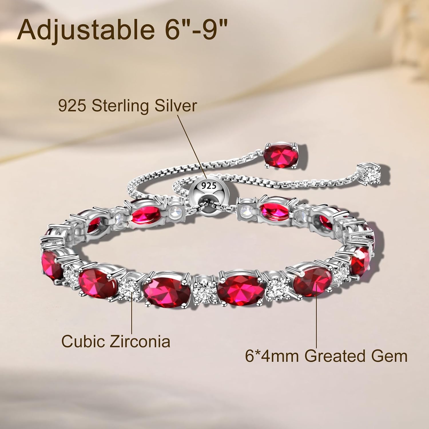 Birthstone Bracelets for Women Adjustable 6-9 Inches Tennis Bracelet with White Gold Chain Hypoallergenic Sterling Silver Anniversary Valentine's Day Fine Jewelry Gifts for Women