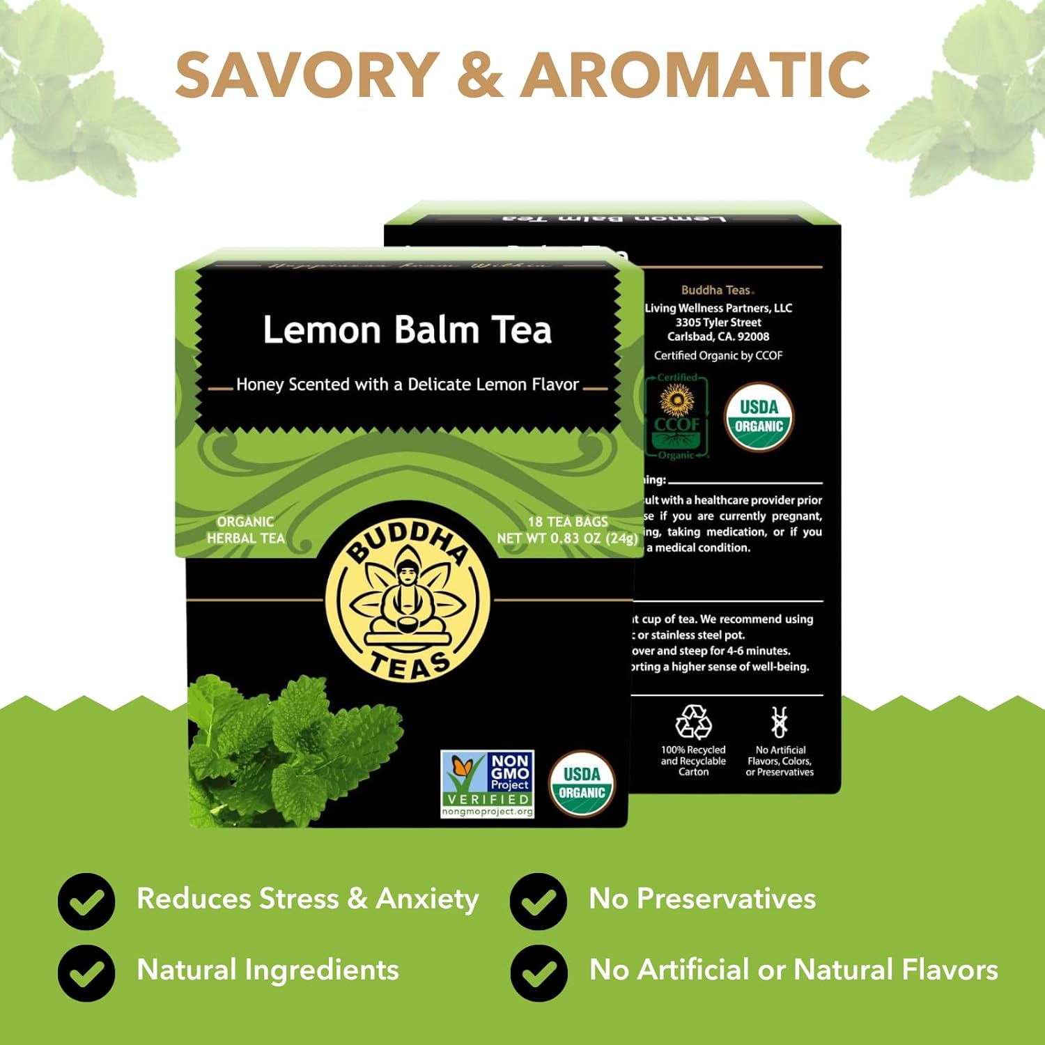 Buddha Teas Lemon Balm Tea - OU Kosher, USDA Organic, CCOF Organic, 18 Count (Pack of 6)