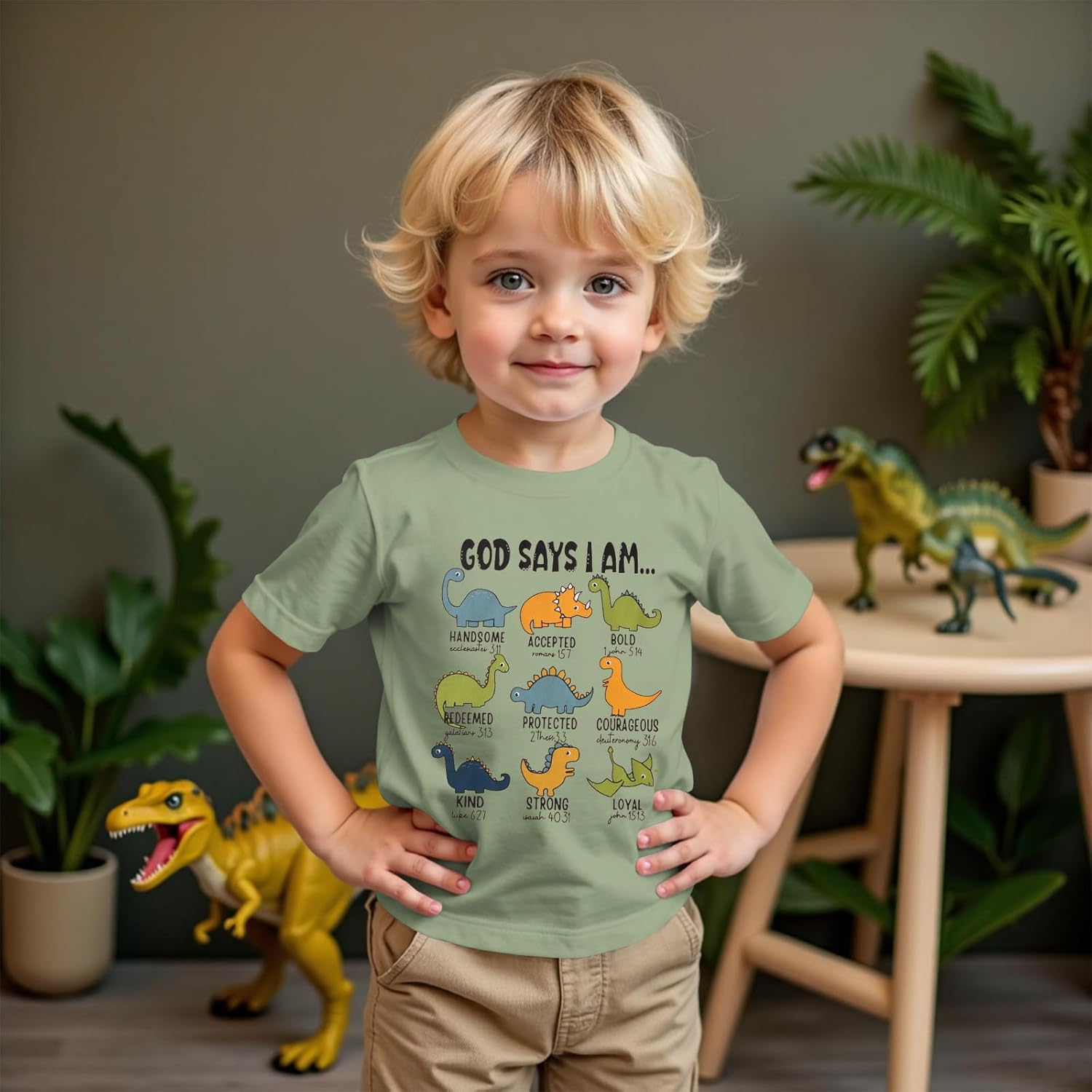 Toddler Boy Dinosaur Shirt God Says I Am Bible Verse Dino Religious Tshirt Christian Outfits Baby Short Sleeve Tees - Image 2