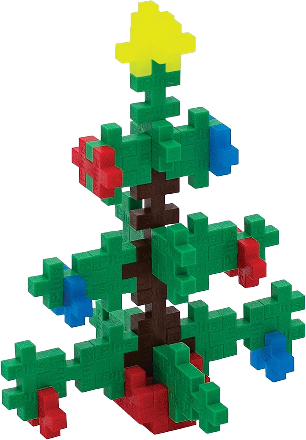 Assembled PLUS PLUS Christmas tree model with green branches, colorful ornaments, and a yellow star