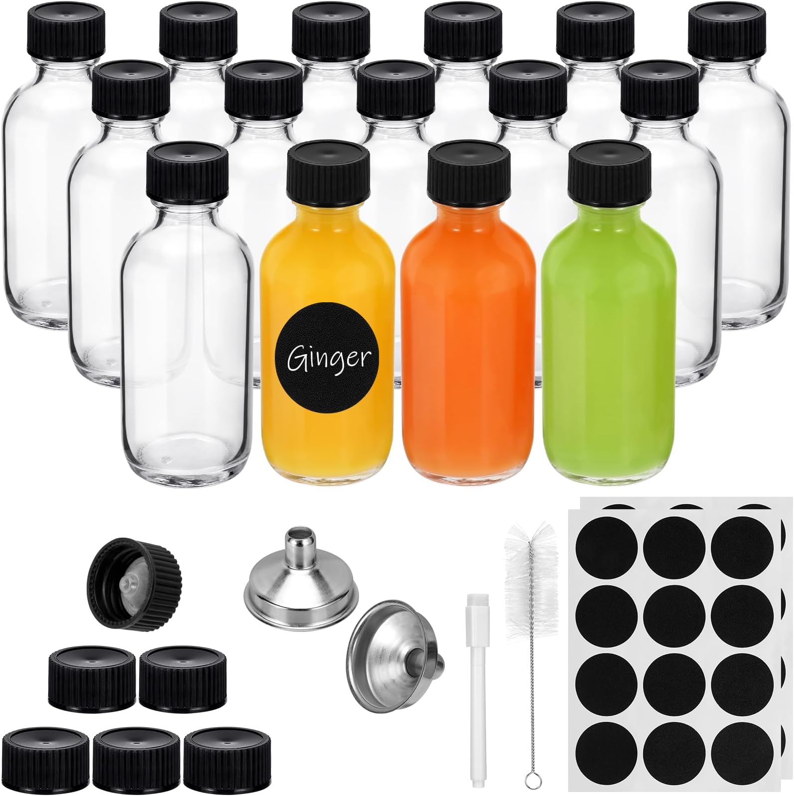 2 oz Clear Juice Shot Bottles with Caps (6 Extra Lids) and 2 Stainless Steel Funnels,15 Pack Leakproof Small Glass Bottles with Lids for Ginger,Juices and Potion-Dishwasher Safe (15)