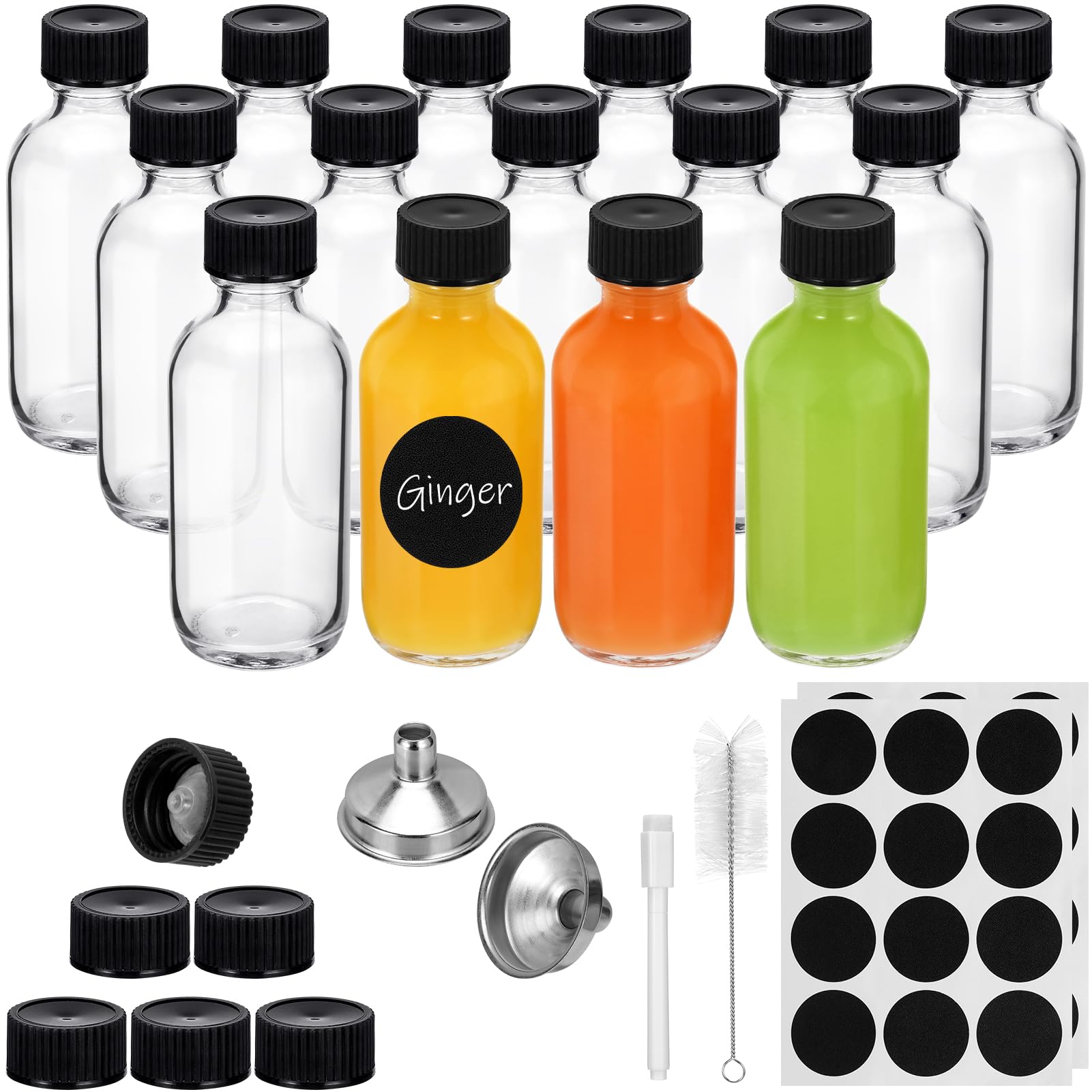 2 oz Clear Juice Shot Bottles with Caps (6 Extra Lids) and 2 Stainless Steel Funnels,15 Pack Leakproof Small Glass Bottles with Lids for Ginger,Juices and Potion-Dishwasher Safe (15)