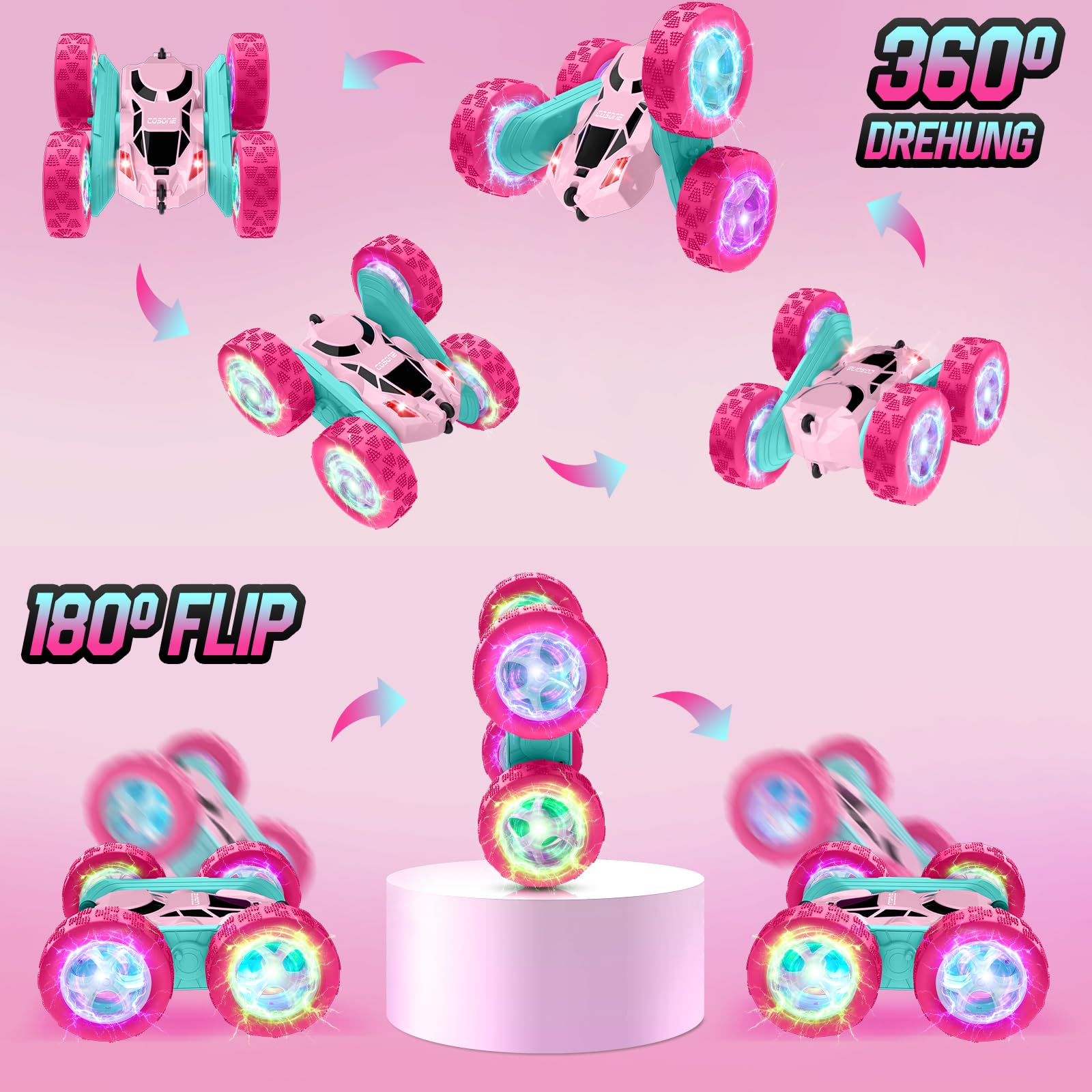 cosone Rosa Ferngesteuertes Auto für Mädchen 6-12 Jahre alt Stunt RC Auto mit LED Blinken 2.4Ghz 4WD 360° Flip RC Car für Kinder Geschenke