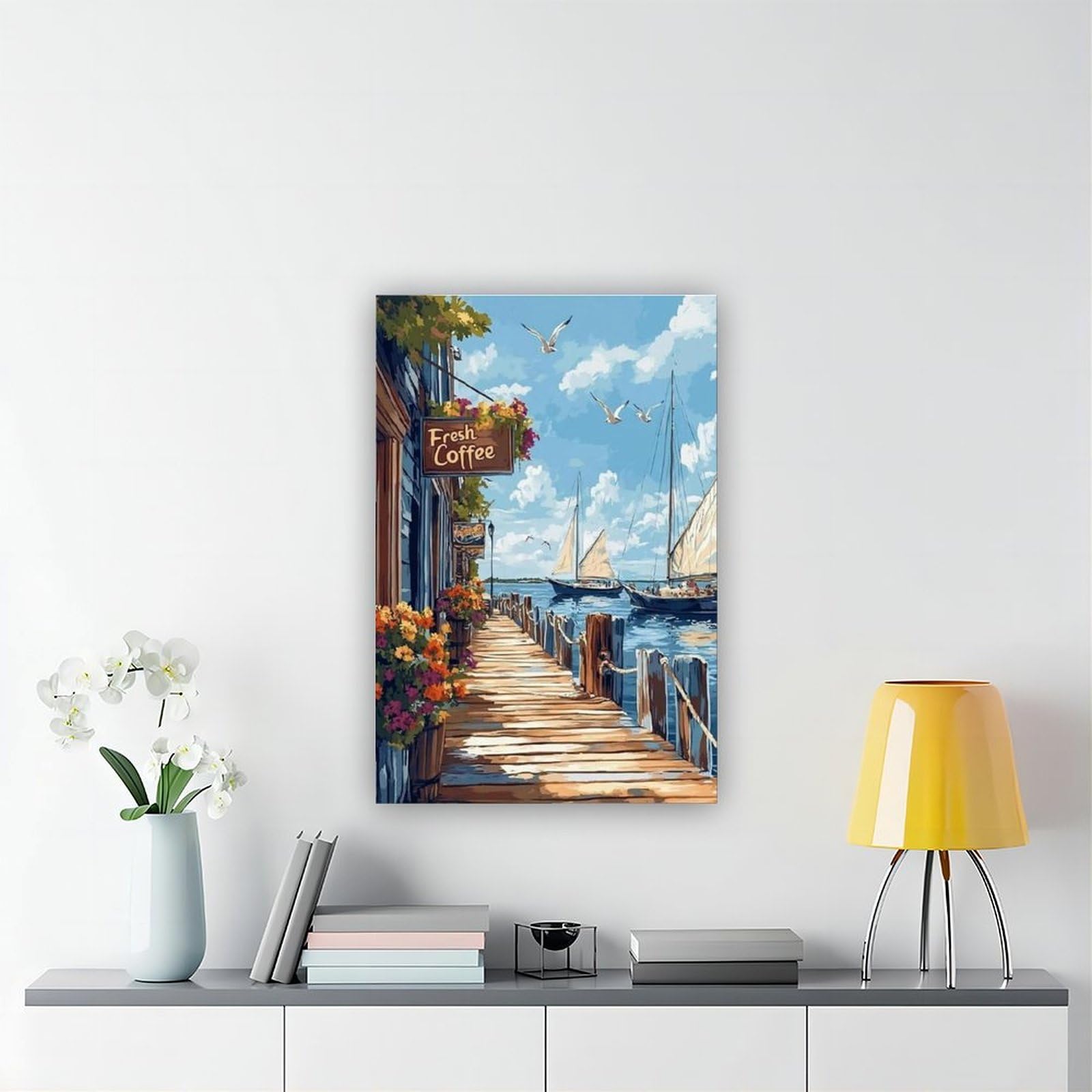 Newport Harbor Boardwalk Coffee Shop, Segelboot und Hummershack, Leinwand-Poster, Schlafzimmer, Dekoration, Landschaft, Büro, Raumdekoration, Geschenk, 61 x 91,4 cm (L x B)