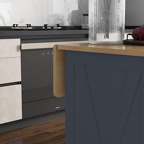 Miniatura 9 de HOMCOM Isla de cocina rodante con barra de desayuno de madera de hoja caída, carrito de cocina de granja con 2 cajones, estantes ajustables