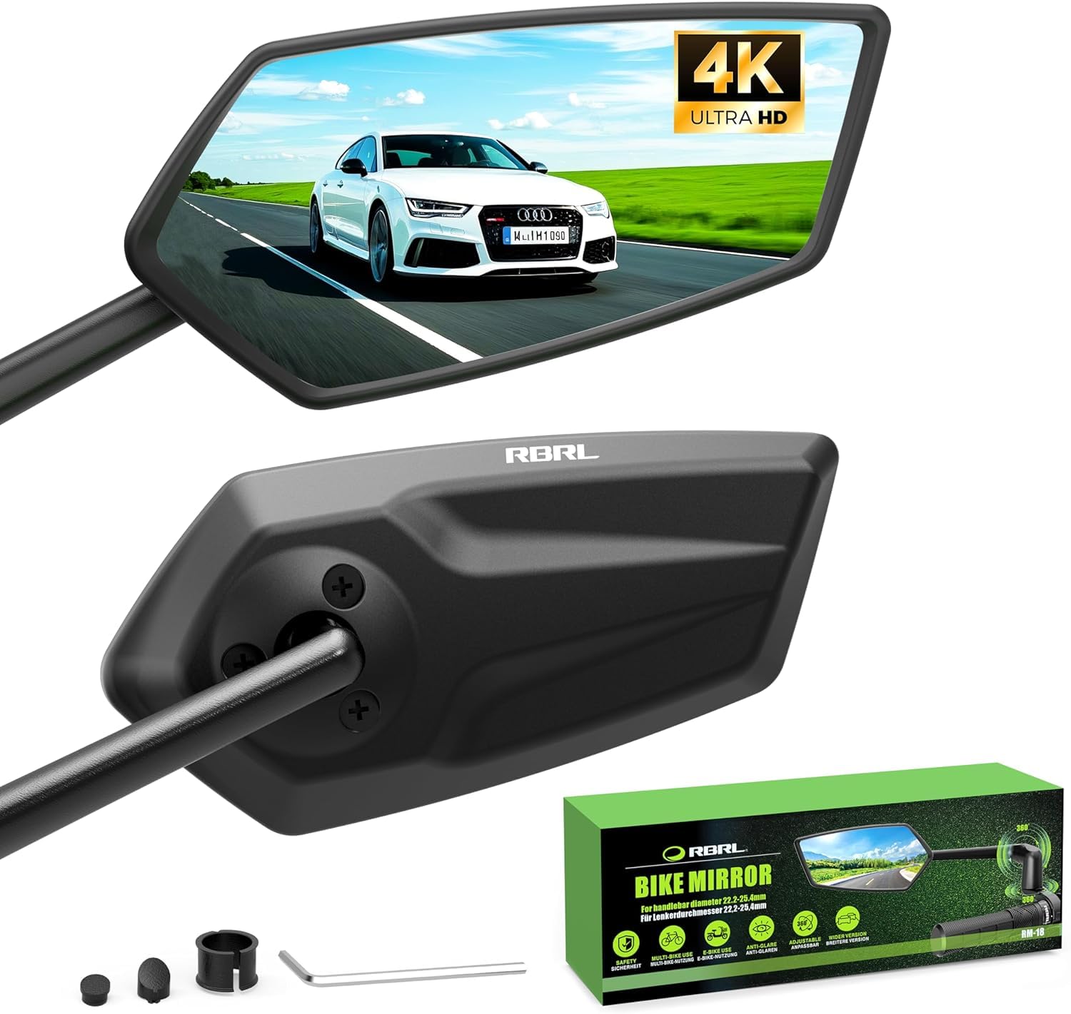 RBRL Specchio per bicicletta | 3D regolabile per visione panoramica | girevole e pieghevole a 360° | Specchio retrovisore in vero vetro infrangibile（Una coppia）