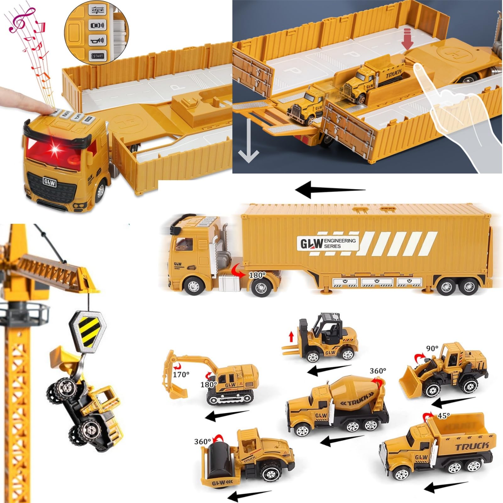 Camion da Cantiere Giocattolo per Bambini con Escavatore Costruzione Torre Gru Effetti di Musica Luce Camion Betoniera Veicoli da Cantiere