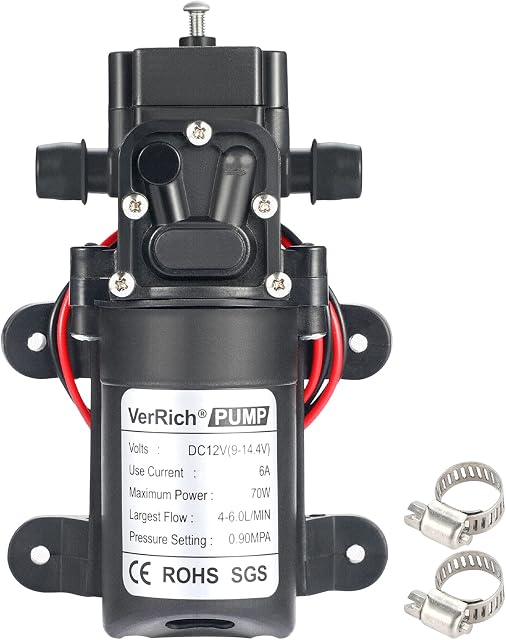 VerRich Diaphragm Pump 12V Water Pumps 70W Sprayer Pump Without Pressure Switch 6 L/Min 0.9MPA 131 PSI for RV Camper Marine Boat Garden