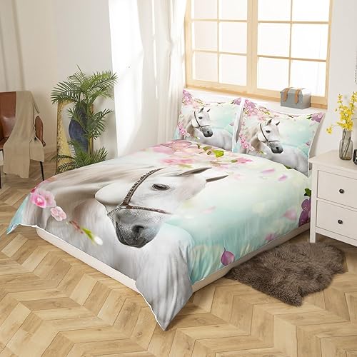 Miniatura 2 de Funda de Edredón de Caballo Blanco Tamaño Full Juego de Ropa de Cama Vaquero Occidental Rosa Cereza Funda de Edredón para Niños Niñas Flor de