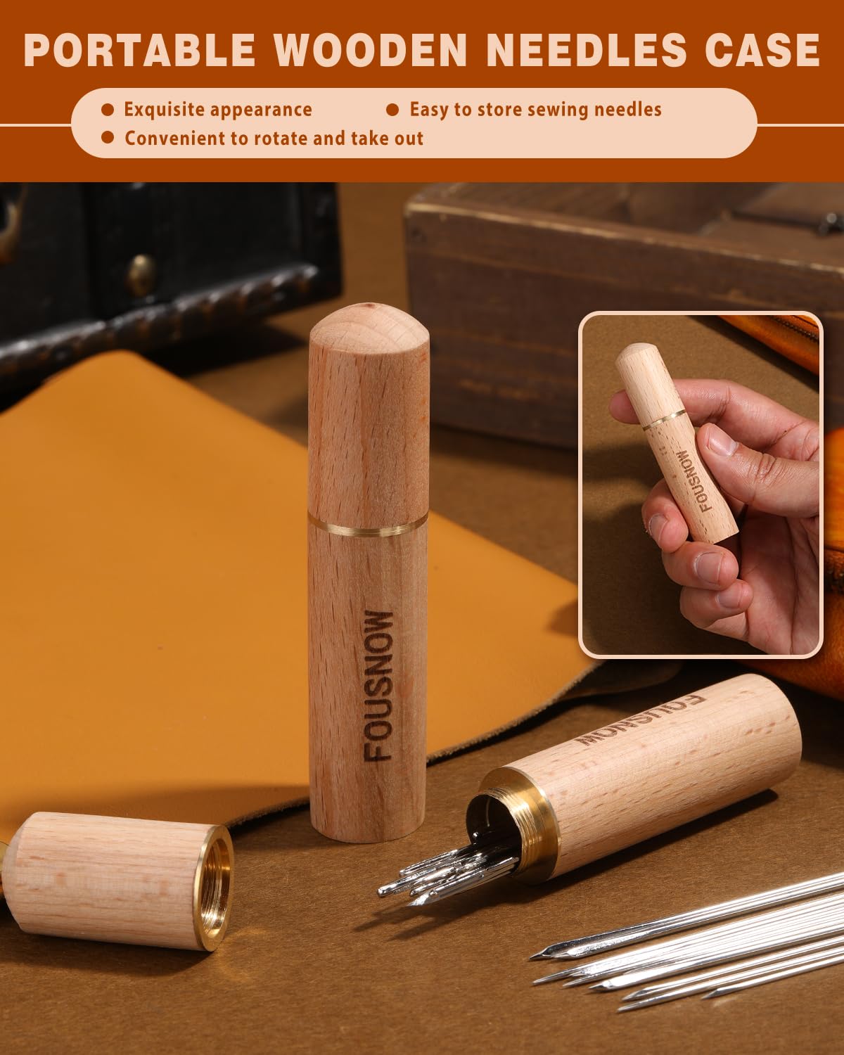 FOUSNOW Juego de 36 agujas de coser resistentes, agujas de coser curvadas para coser a mano, agujas de coser de cuero con cojín de agujas de coser de madera, estuche de agujas para reparación de