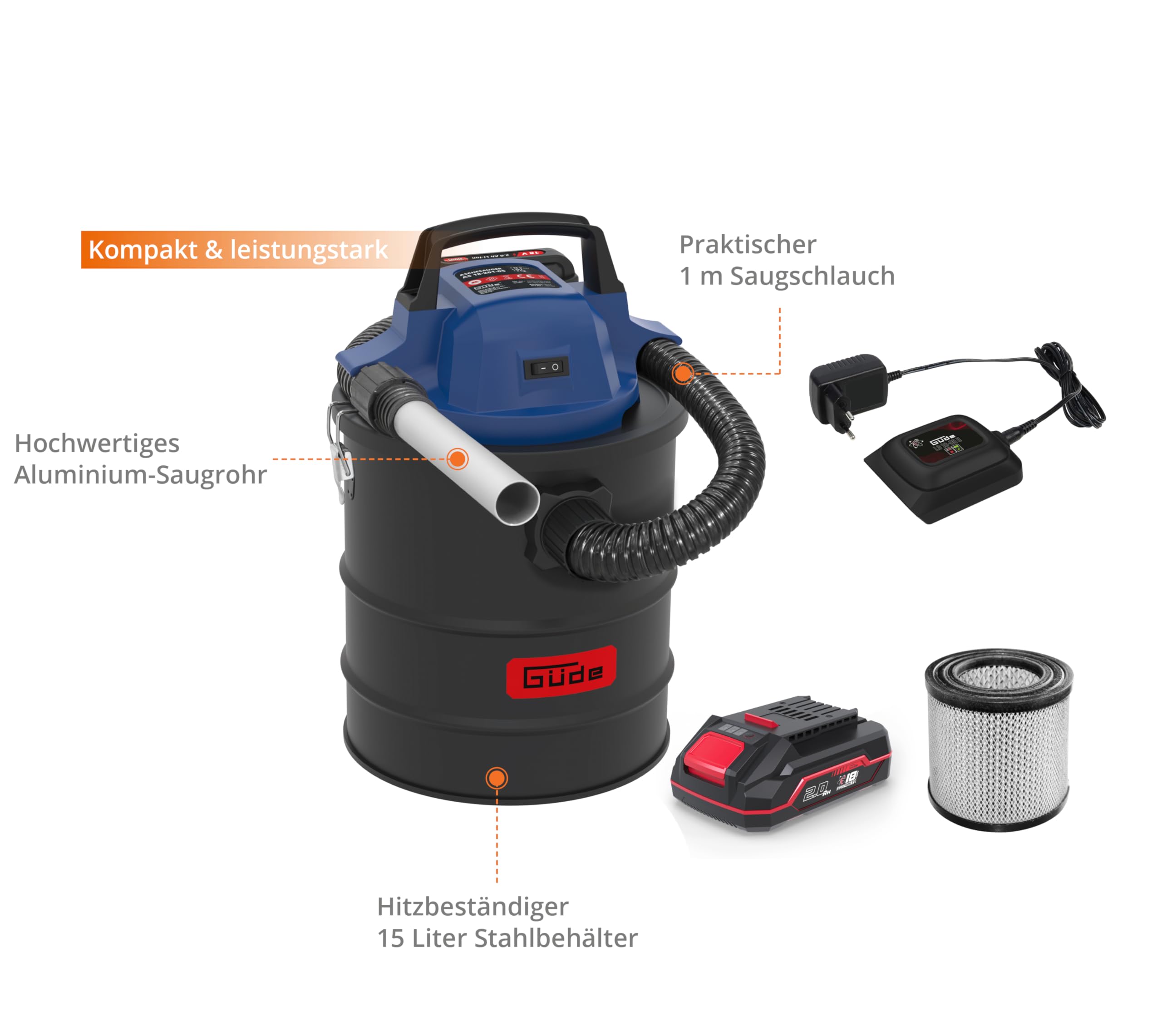 Güde 58580 Akku Aschesauger AS 18-201-05 (18V, max. Unterdruck: 80 mbar, Schlauchlänge: 1 m, Behältervolumen: 15 l, Schlauchdurchmesser: 30 mm, inkl. HEPA-Filter und 2,0 Ah Akkupack mit Ladegerät)