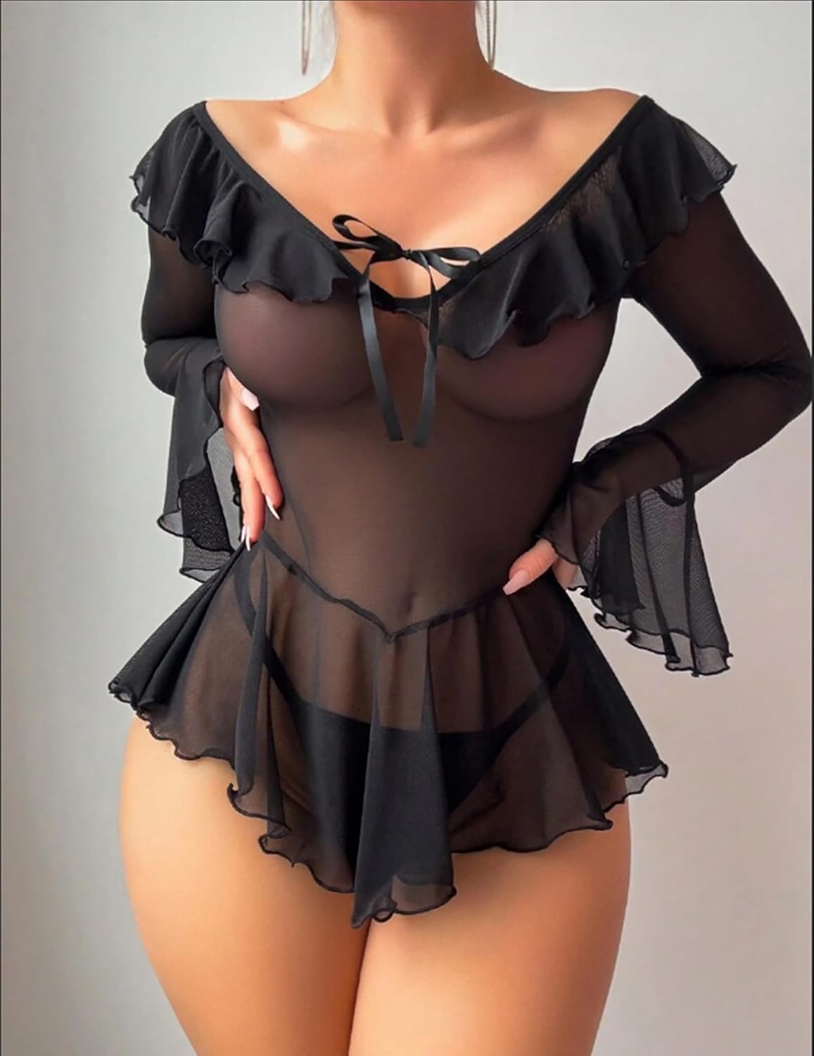 Avidlove Sexy Lingerie Babydoll Rave Ruffle Dress Off Shoulder Long Sleeve Nightgowns Outfits For Women S-XXL - Image 3