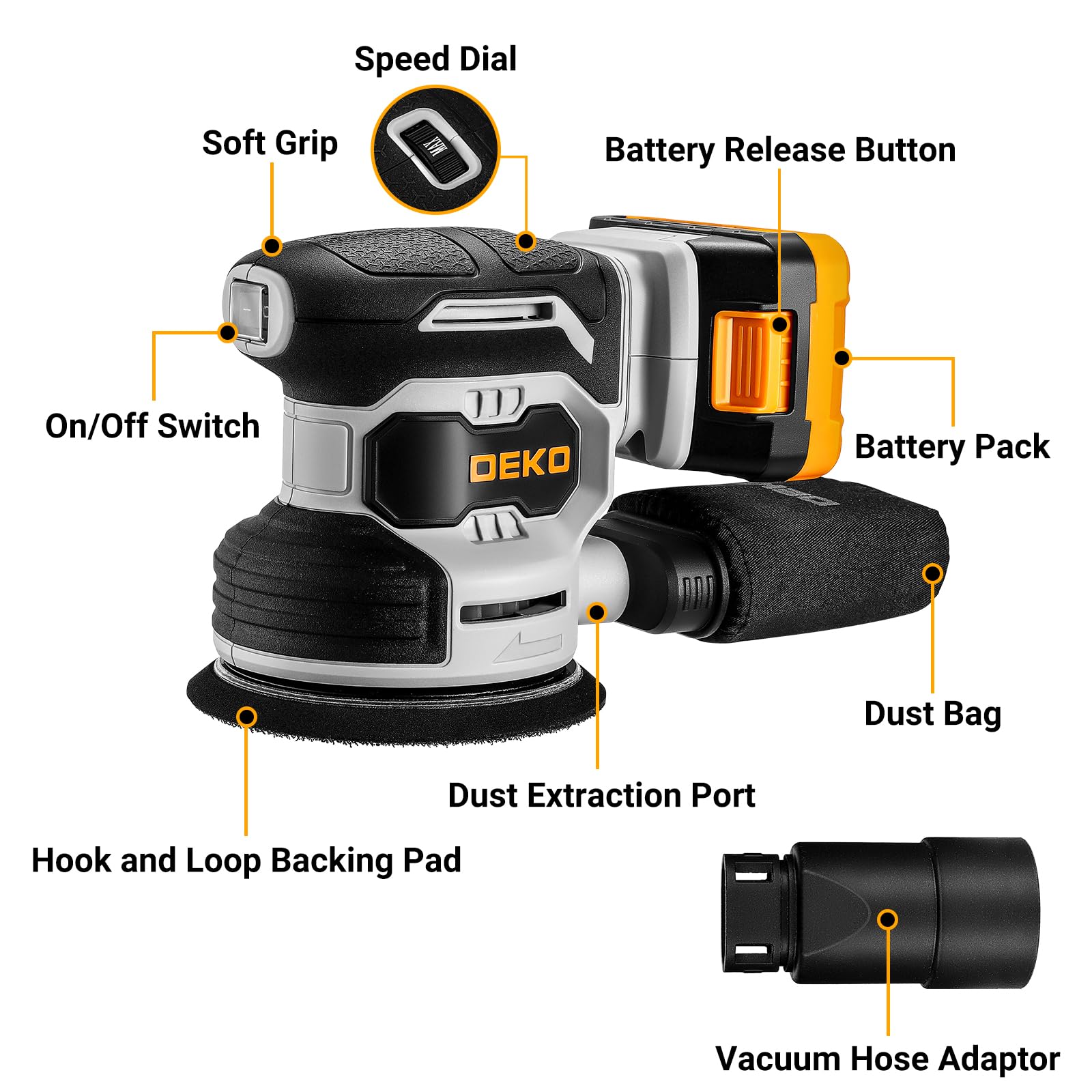 Levigatrice Orbitale a Batteria: DEKOPRO Levigatrice Rotorbitale con 1 Batteria 2000mAh, Orbitale per Legno da 125 mm, 13000 RPM, con Sacchetto per la Polvere e 15 Fogli di Carta Vetrata