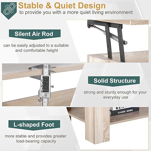 Miniatura 7 de PayLessHere Mesa auxiliar elevable con compartimento oculto y estante de almacenamiento, mesa de comedor de madera para sala de estar, hogar,