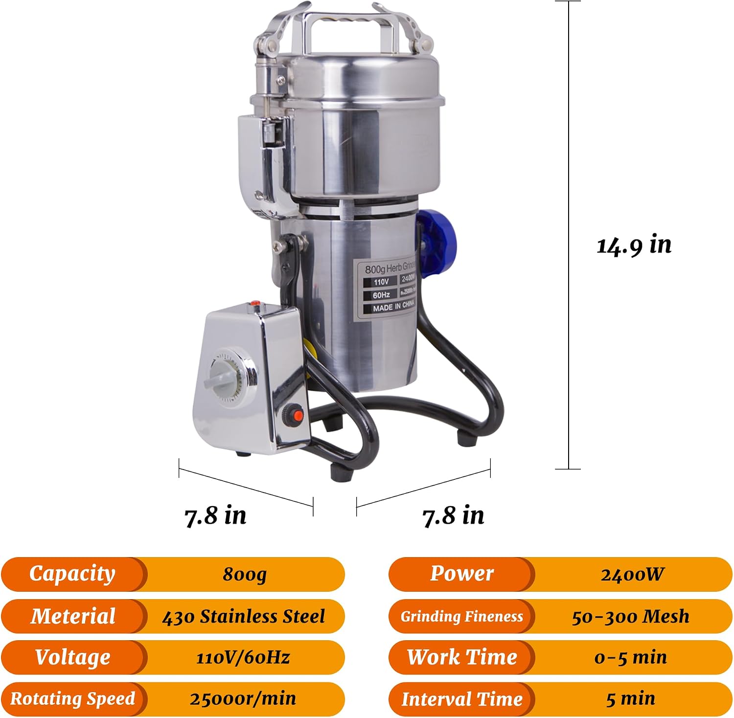 Hakka Grain Mills Grinder, 800g Electric Powder Mill Machine 2400W High Speed Stainless Steel Pulverizer Machine Commercial Herb Grinder for Grinding Dry Corn Coffee Bean Pepper(270° Swing Type)