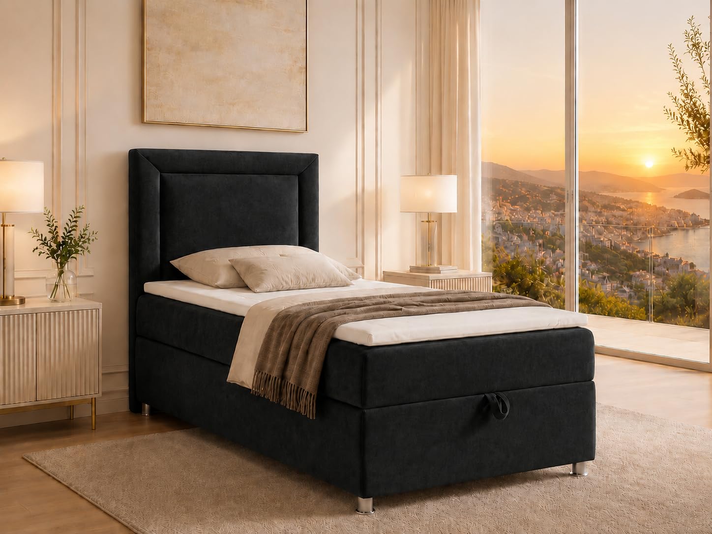 Trinity K3 EinzelBett | Boxspringbett70x200 mit Bonell Federkernmatratze 70x200 | Bett mit Matratze | Bett mit Stauraum | Lieferung an die Bordsteinkante