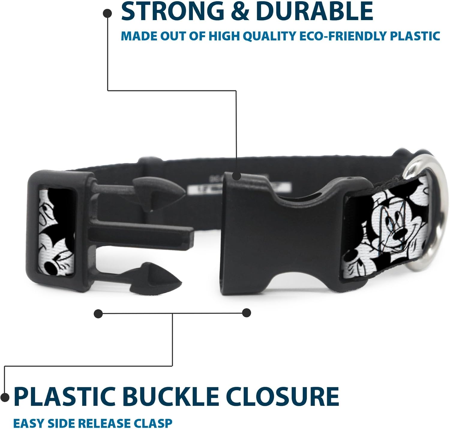 Buckle-Down Plastic Clip Collar - Mickey Mouse Expressions Stacked White/Black - 1.5" Wide - Fits 13-18" Neck - Small