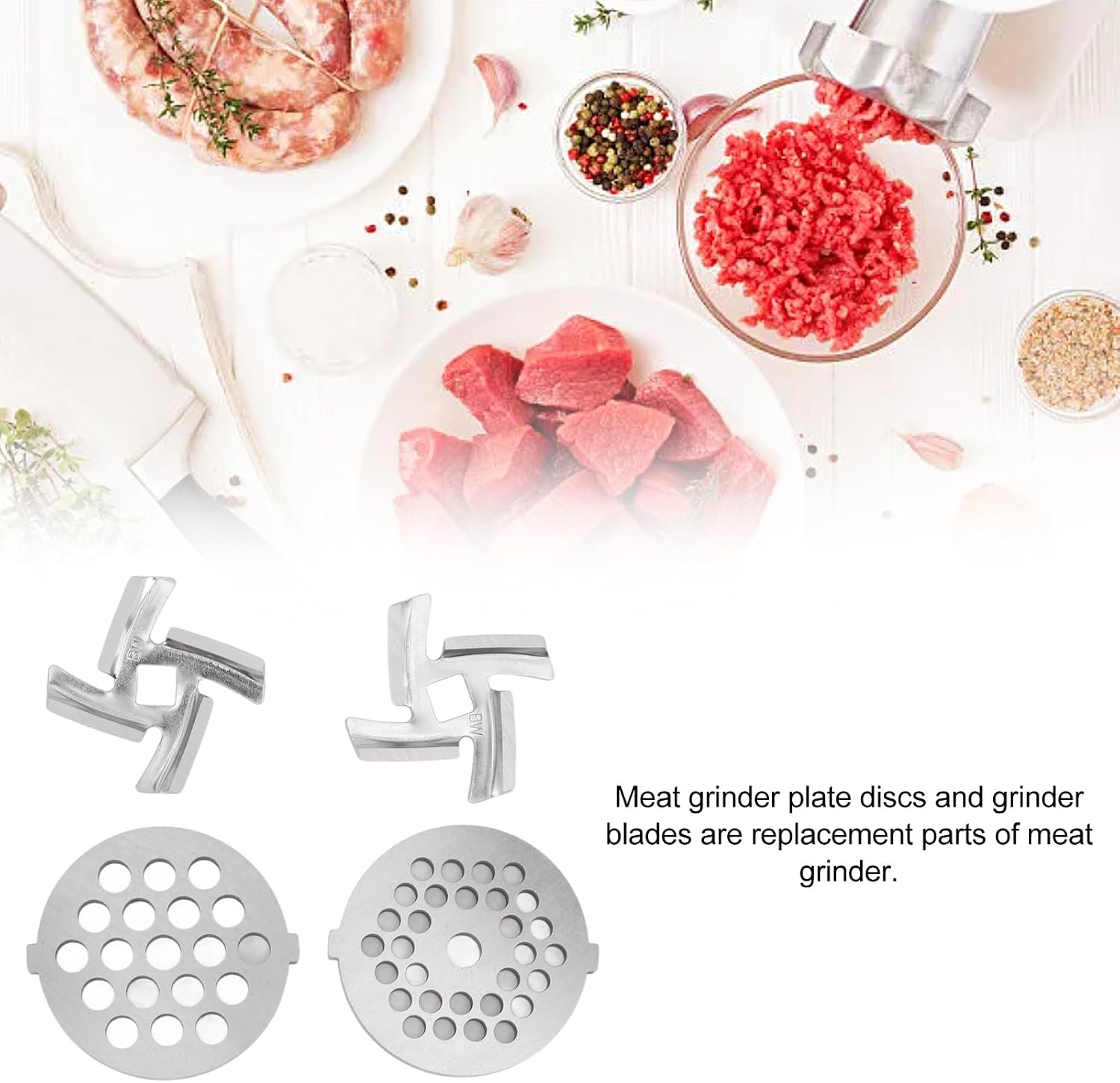 4Pcs Stainless Steel Grinder Kit, Meat Grinder Parts Blades,Size 5 Stand Mixer Blades & Plates Premium Food-Grade Replacement Parts for Mincing Sausage Making Meat Processing