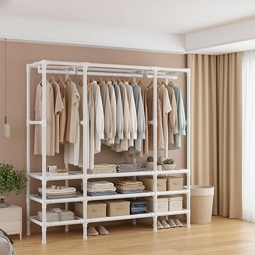 Miniatura 4 de Armario portátil, perchero resistente con cubierta, armario con 1 varillas para colgar, 2 estantes de almacenamiento y 2 cajones, 27.5 pulgadas de