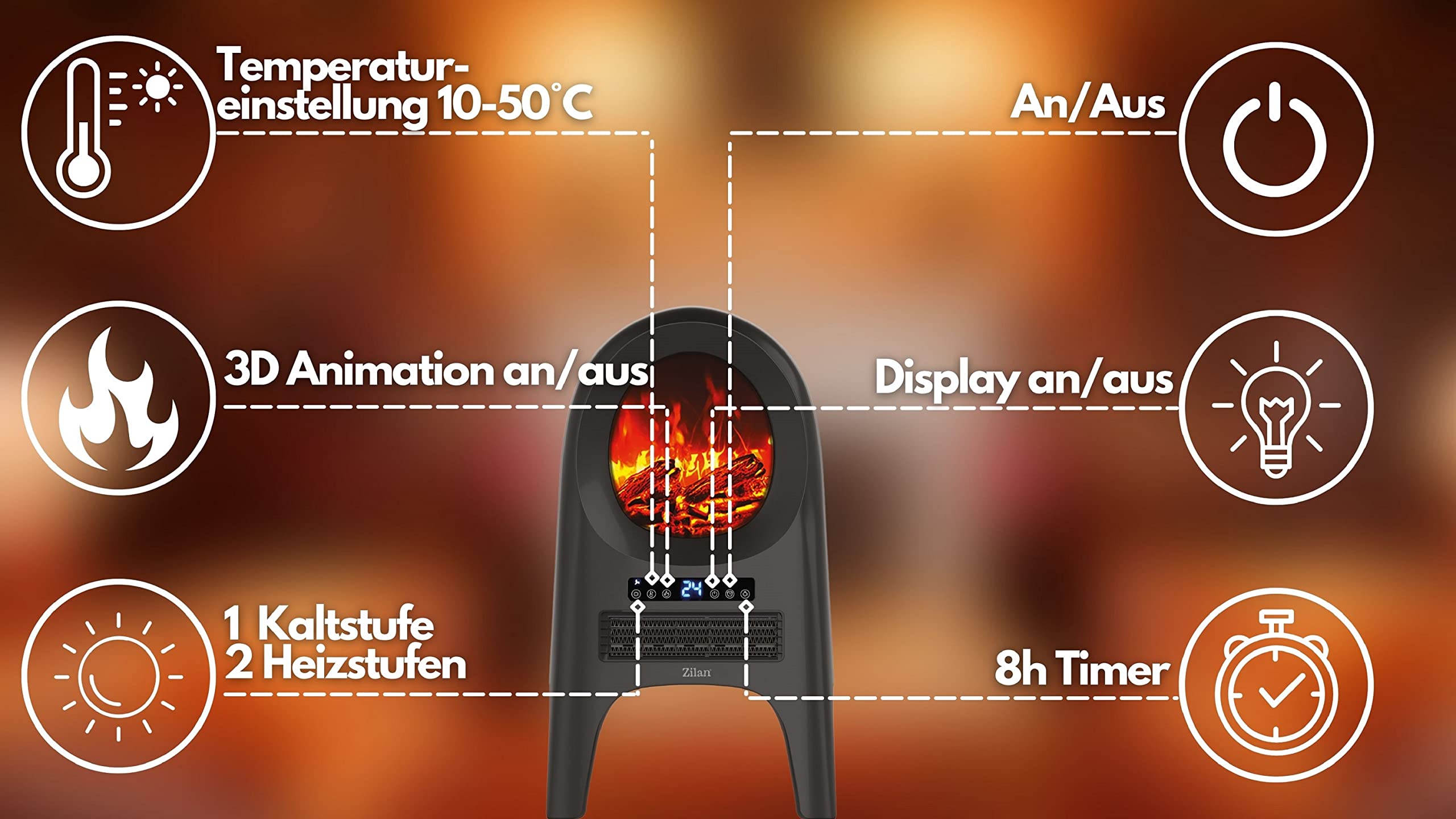 Design termoventilatore in ceramica, 10002000 Watt, 3 livelli, telecomando, timer 8 ore, funzione aria fredda, animazione 3D, protezione contro il surriscaldamento, termostato, riscaldamento