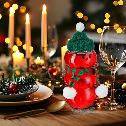 Miniatura 8 de PRETYZOOM 10 juegos de botellas de jugo de muñeco de nieve con tapa, tarro de plástico transparente de Navidad con bufandas de punto, sombreros