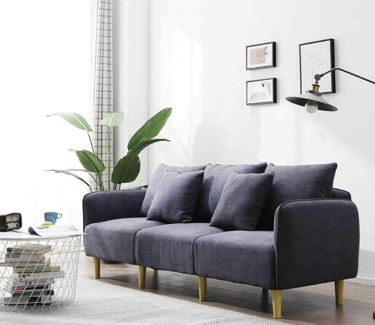 Sofá moderno de 3 plazas gris de lino con cojines confortables para sala de estar