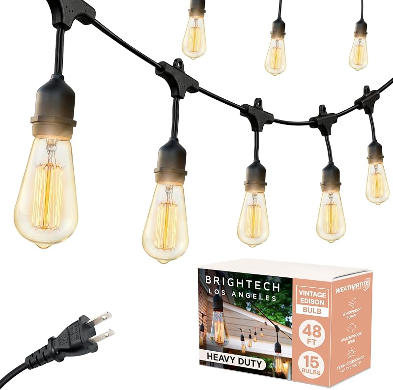 Ambience Pro Cadena de luces incandescentes para exteriores – Luz de patio regulable de 48 pies – Cadena de luces comerciales impermeables para porche de 40 W para exterior, patio trasero – 15 bombillas de filamento vintage, blanco cálido