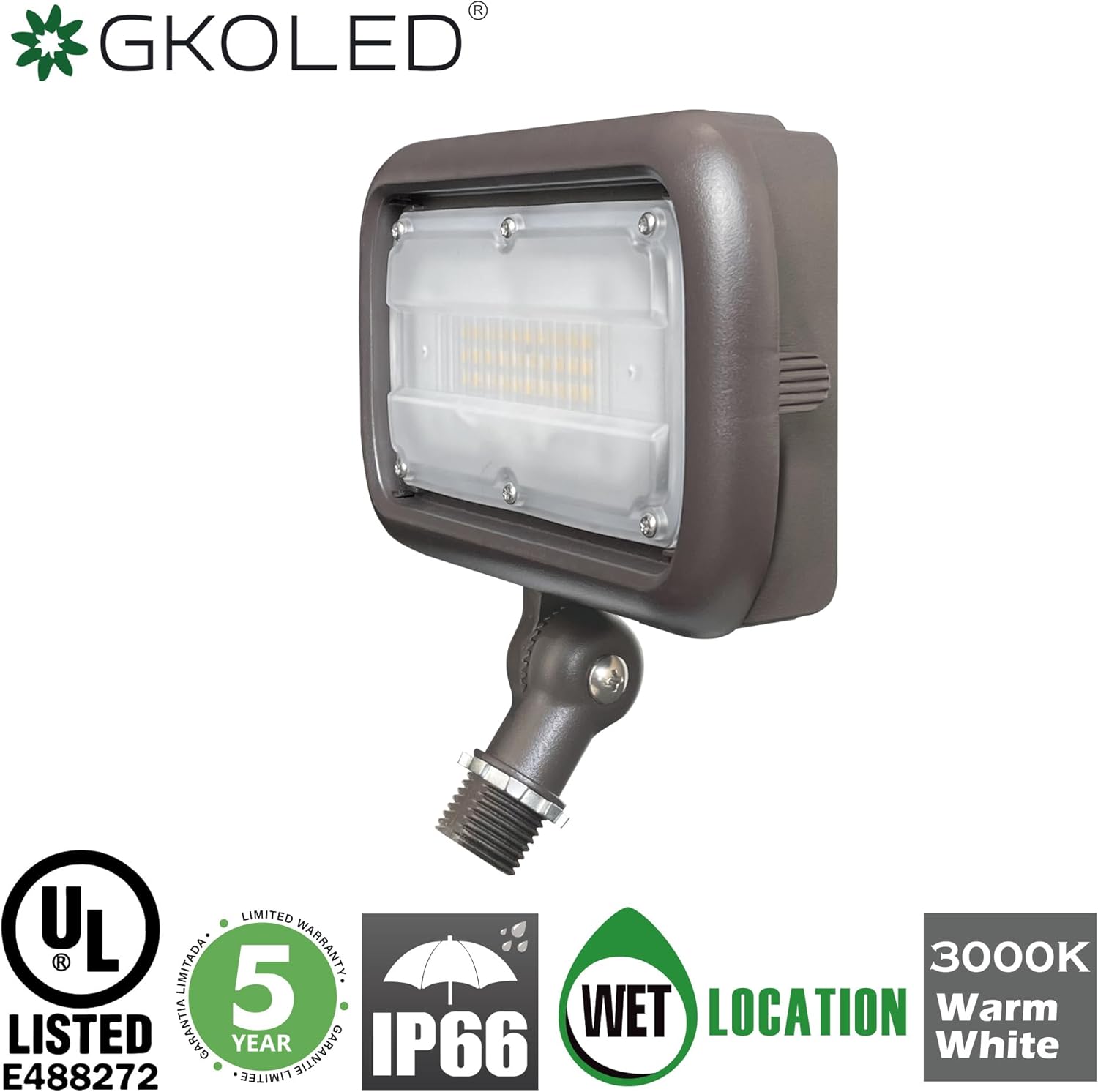 GKOLED 30W LED Flood Light, Outdoor Security Lighting Fixtures, 100W PSMH Replacement, 2700 Lumens, 3000K Warm White, 120-277V, Adjustable Knuckle Mount, UL Listed