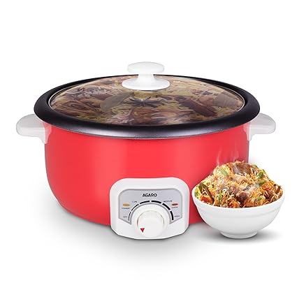 AGARO Regal Electric Multi Cooking Pot, 3L, 1200W, Automatic Boiler, Steamer, Fryer, Aluminium Pot, Glass Lid, Adjustable Temperature Control, Keep Warm, Rice, Veggies, Red