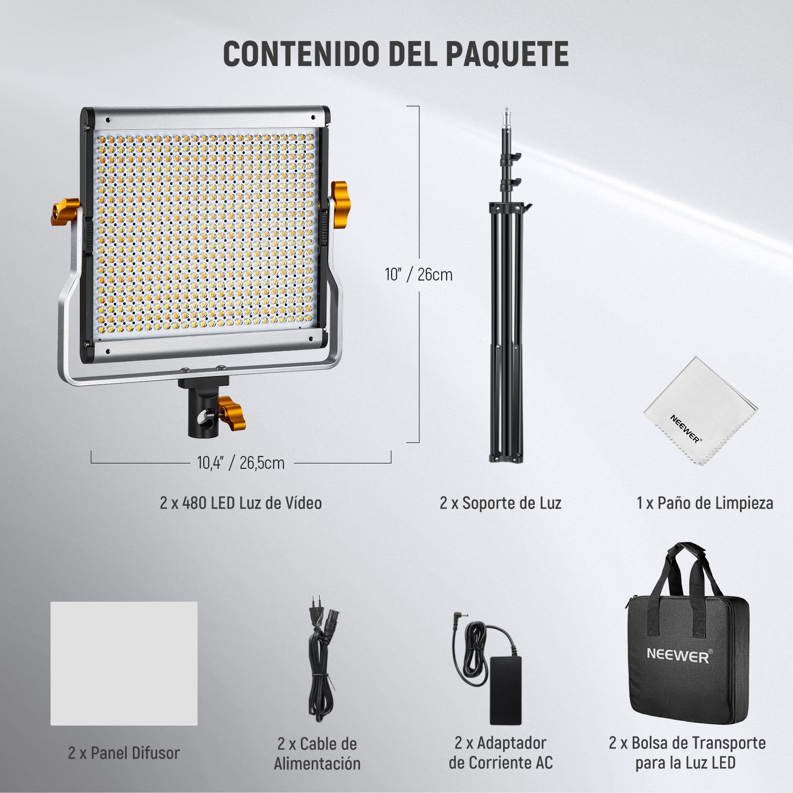NEEWER Juego de 2 Luces de vídeo, Panel de luz de vídeo Regulable Bi Color 480 LED con Dos trípodes de 190 cm, Soporte en U, 3200 K-5600 K CRI96+ LED Studio Iluminación para Youtube Fotografía