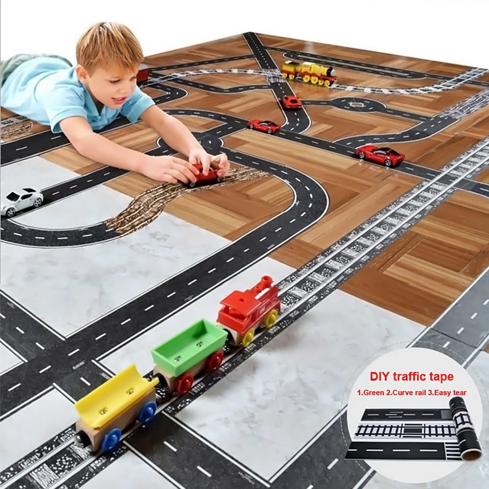 Road Sticker Rolls, DIY Traffic Sign Train Track Model for Kids Gift, 59PCS