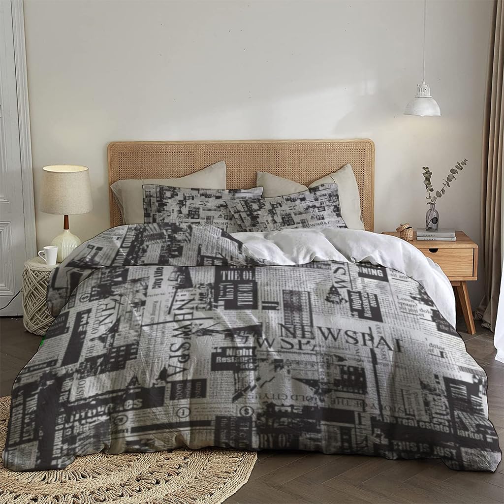 NIBAINLO 布団カバータイトル付き古い新聞 肌に優しい ピーチスキン加工 掛け布団カバー 和式 洋式 あったか 布団カバーセット リバーシブル ホームステイ ホテル 家庭兼用