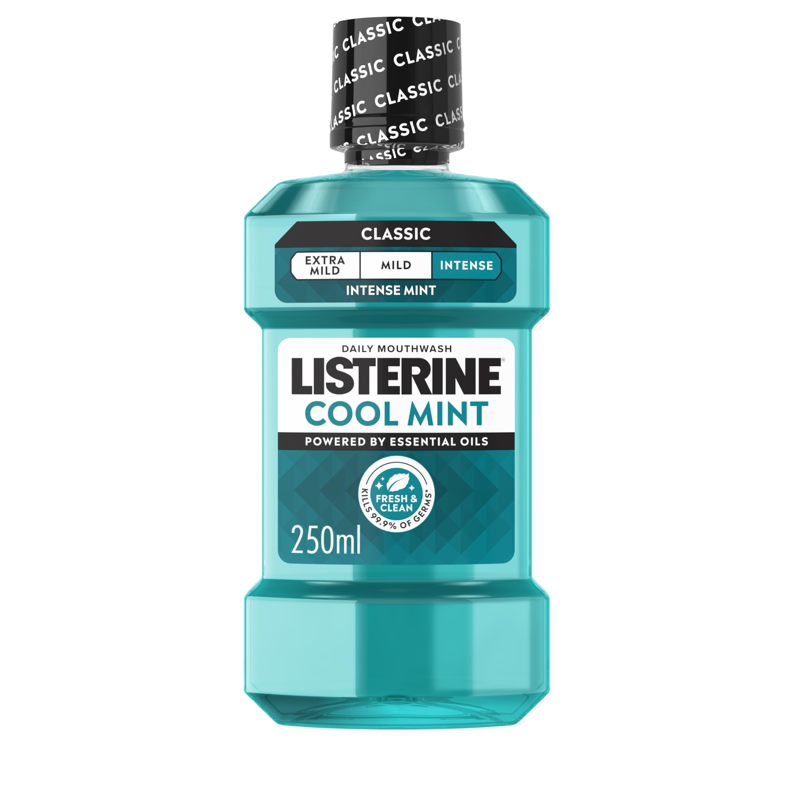 Listerine Cool Mint Intense Taste Classic Mouthwash (250ml) Helps Kill Germs Left After Brushing, Freshens Breath and Maintain Healthy Gums