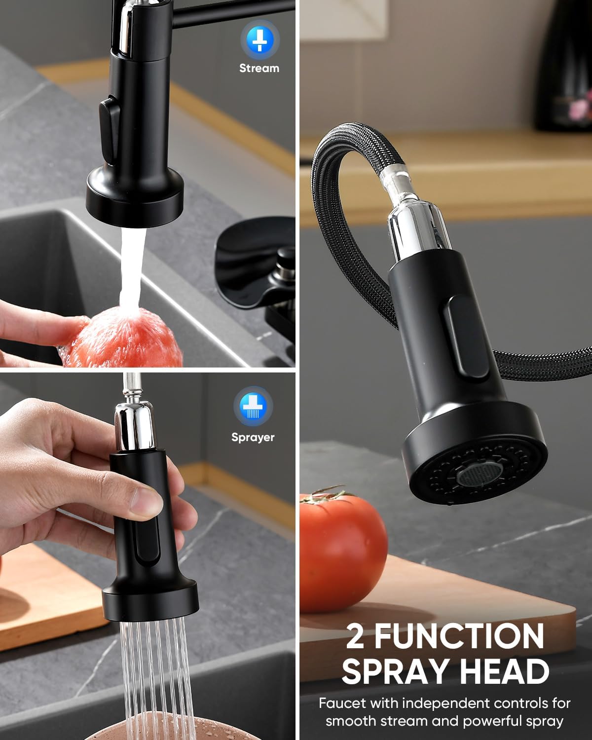 OWOFAN Kitchen Faucet with Cup Washer Pull Down Sprayer Stainless Steel Kitchen Sink Faucet with Deck Plate Glass Rinser Single Hole Black