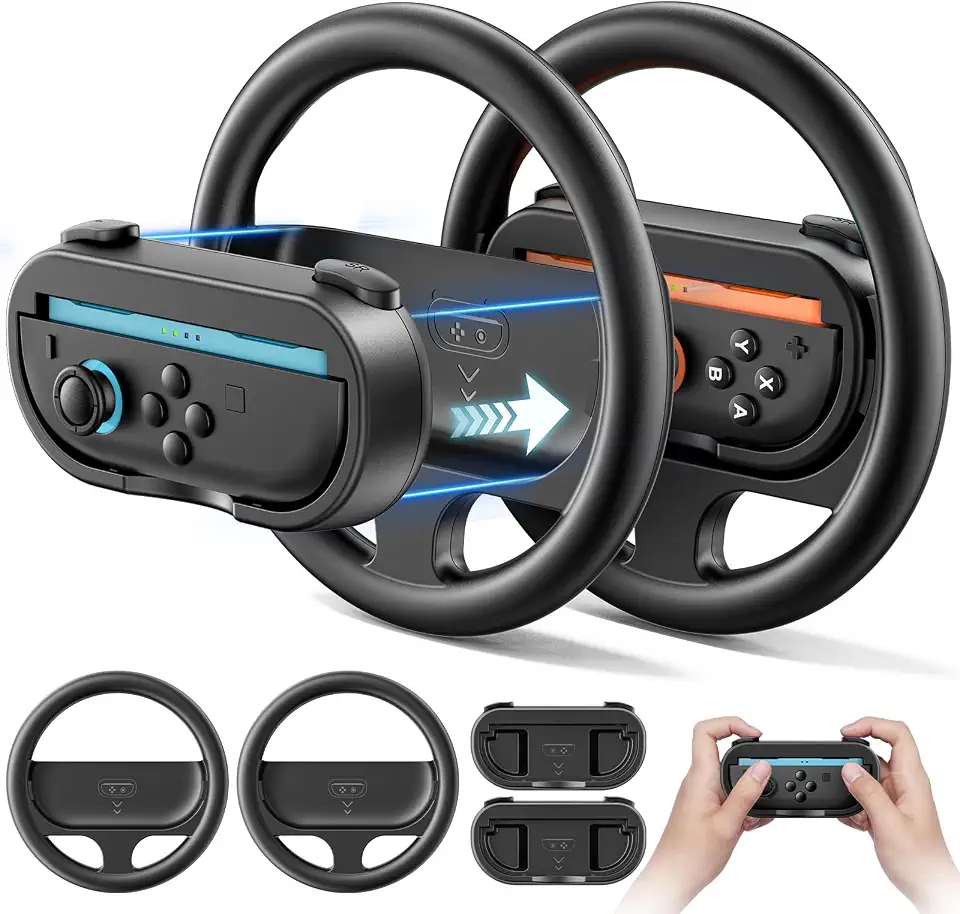Rysker Steering Wheel & Grip for 2025 Nintendo Switch 2 JoyCon, Joy Con 2 Racing Wheel with Detachable Controller Grip for Mario Kart World 8 Deluxe, Switch Attachment Accessories Kit -2 Packs Black
