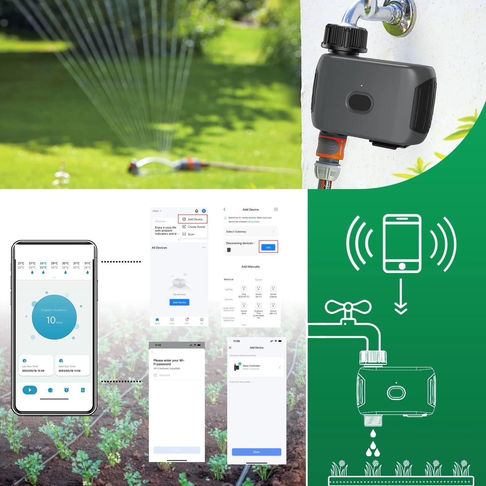 Timer for irrigazione da giardino WiFi con ritardo pioggia, timer for irrigazione automatico programmabile, rubinetto for tubo flessibile, irrigatore