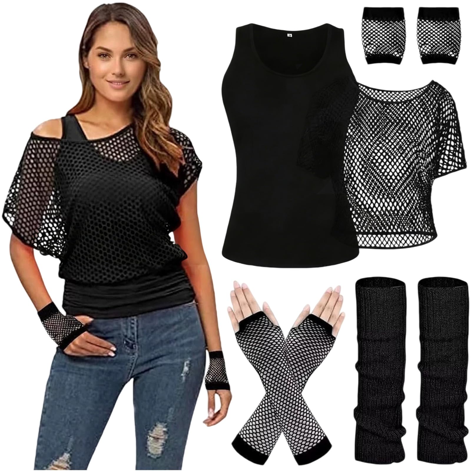 MUNSKT Women's Neon Outfit, 80s 90s Fishnet T-Shirt Sleeveless Top with Gloves Leg Warmers