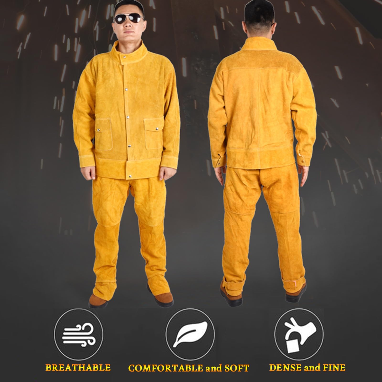 Cowhide Schweißer-Overall Für Männer Und Frauen Flammhemmende Schweißerjacke Hochbelastbar Schweißer-Lederhosen 2er Set(Gris,XXL)