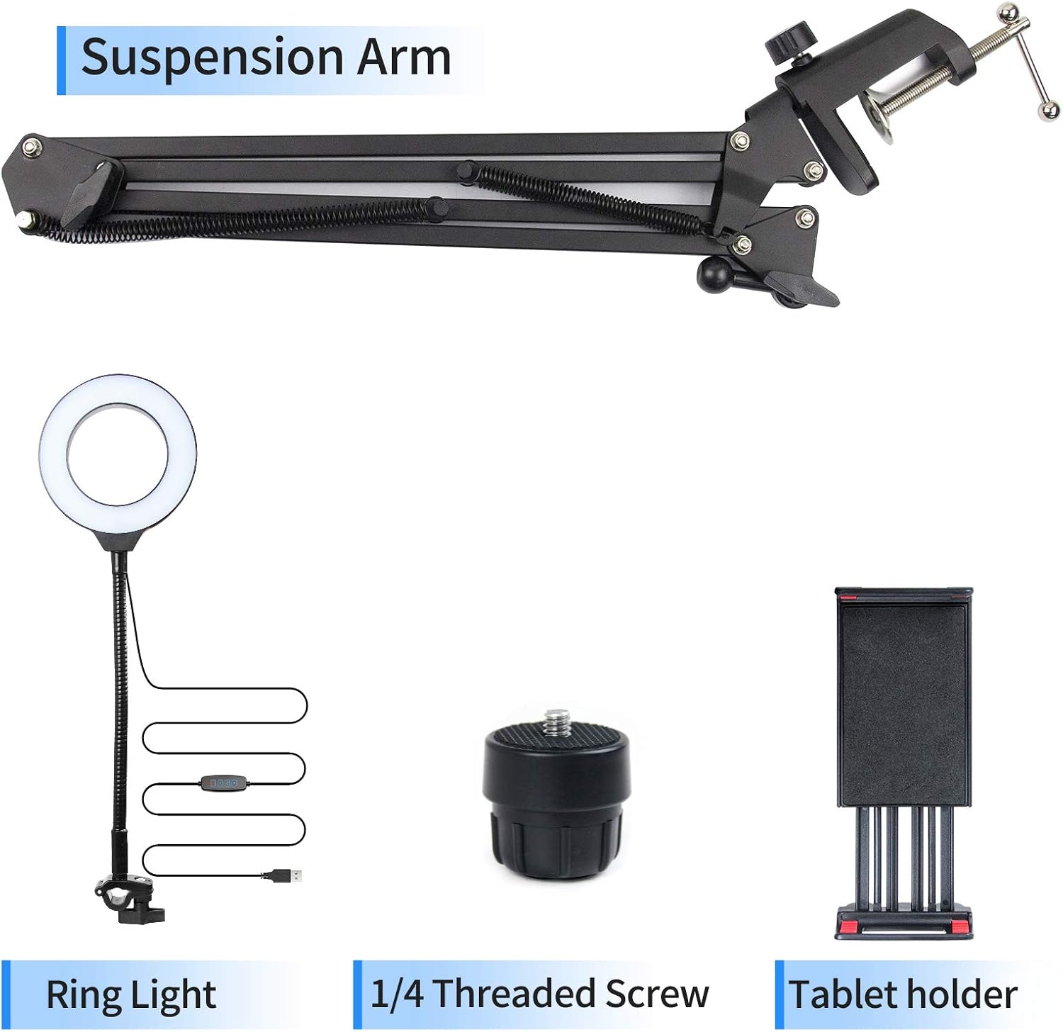 Webcam Stand and Tablet/Phone Holder with Ring Light, 25inch Upgraded Webcam Arm for Logitech C922 C930e C920S C920 C615 C960 Brio 4K, and Tablet & Smart Phone