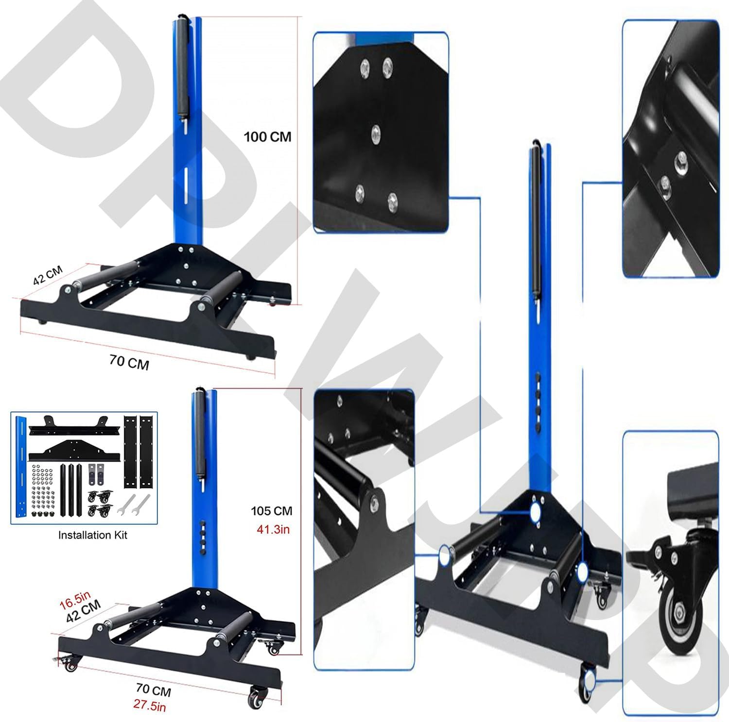 Wheel Tyre Cleaning Stand Tire Detail Rack with Wheels Heavy Duty with 3 Stainless Steel Rollers Wheel Rim Detailing Rolling Stand for Garage Auto Repair Shop Blue-100cm