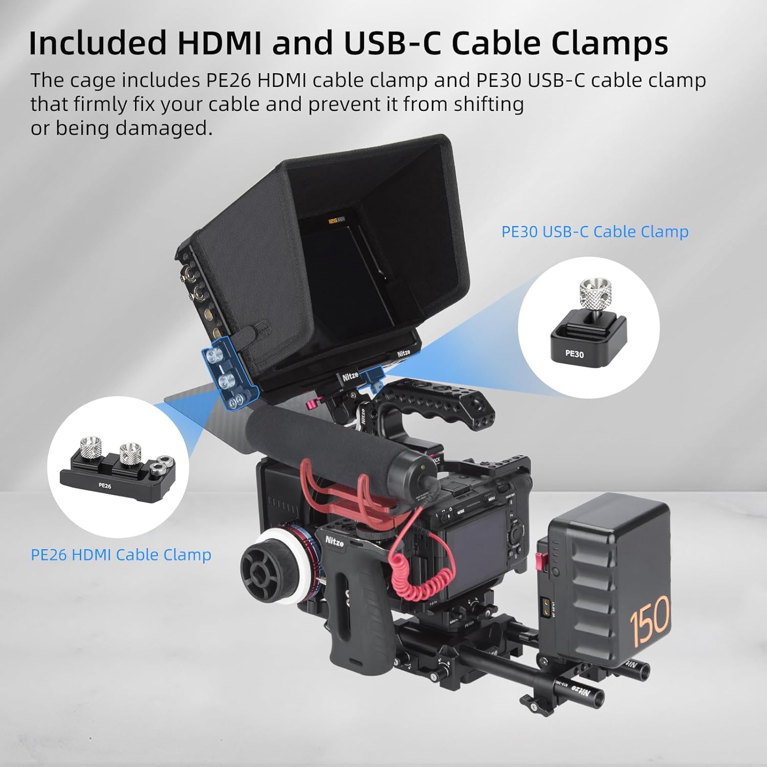 Nitze Cage for Blackmagic Design Video Assist 7" 12G Monitor with Sunhood, HDMI Cable Clamp and USB-C Cable Clamp - JT-B02B