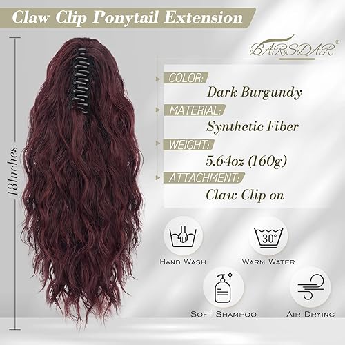 Miniatura 2 de BARSDAR Extensión de cola de caballo roja, extensiones de cabello de cola de caballo con clip de garra de 18 pulgadas para mujer, rizado, ondulado,