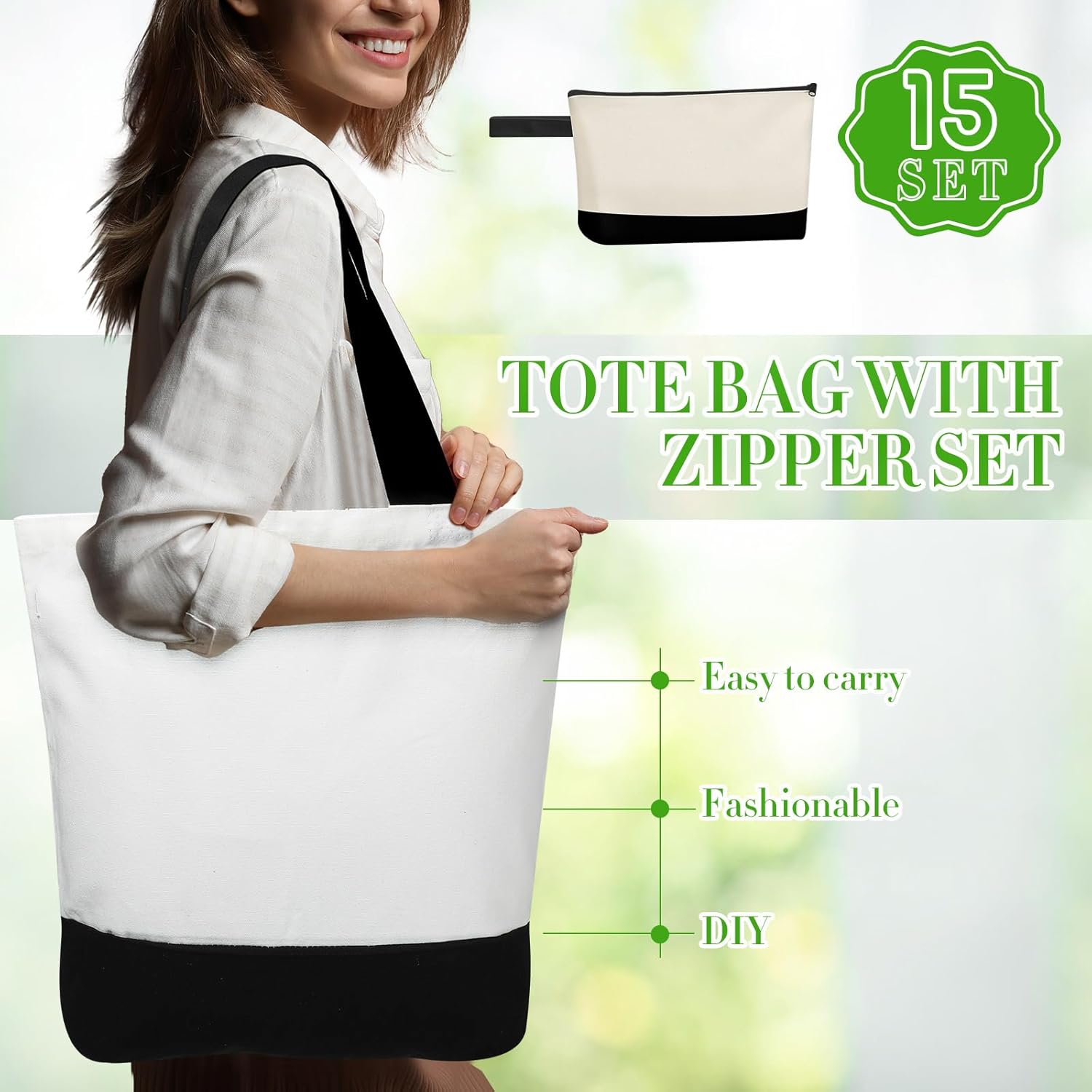 Sanwuta 30 Pcs Canvas Tote Bags Bulk with Zipper Cosmetic Pouch 18.5" Reusable Cotton Shopping Bag with Handle for DIY Craft (Black) - Image 2